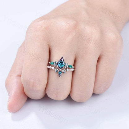 Unique kite cut  Alexandrite engagement ring set silver white gold art deco marquise emerald wedding ring set for women 2pcs star bridal set - PENFINE