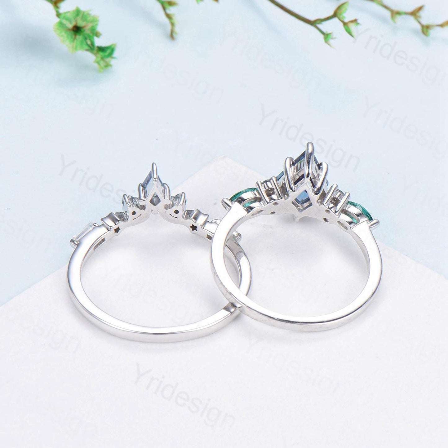 Unique kite cut  Alexandrite engagement ring set silver white gold art deco marquise emerald wedding ring set for women 2pcs star bridal set - PENFINE