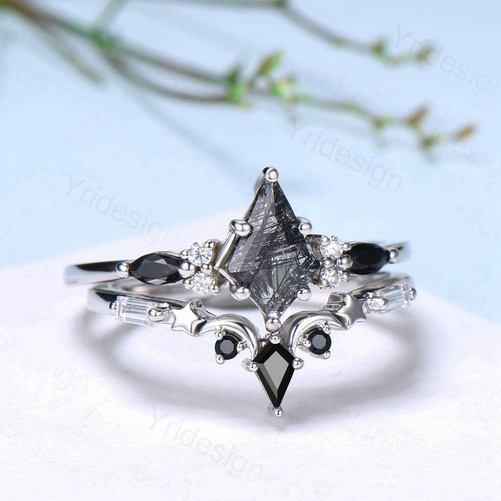 Vintage black rutilated quartz engagement ring kite cut seven stone marquise cut spinel wedding ring moon star anniversary promise ring gift - PENFINE