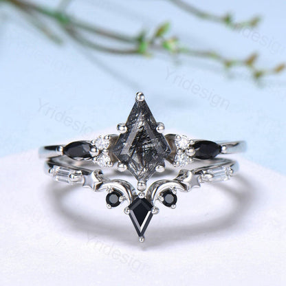 Vintage black rutilated quartz engagement ring kite cut seven stone marquise cut spinel wedding ring moon star anniversary promise ring gift - PENFINE