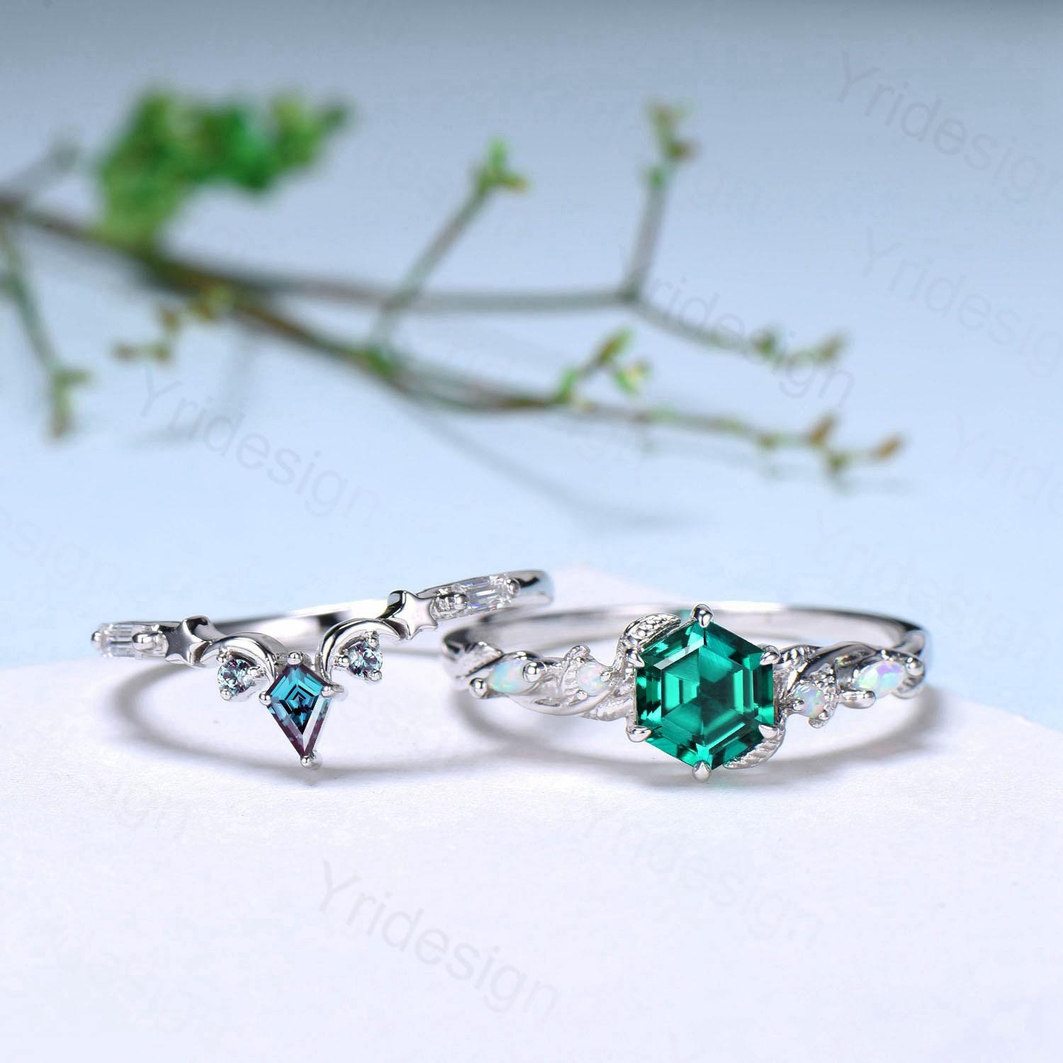 Unique emerald wedding ring set, Nature Inspired opal lab emerald engagement ring set, moon star alexandrite stacking band bridal set women - PENFINE