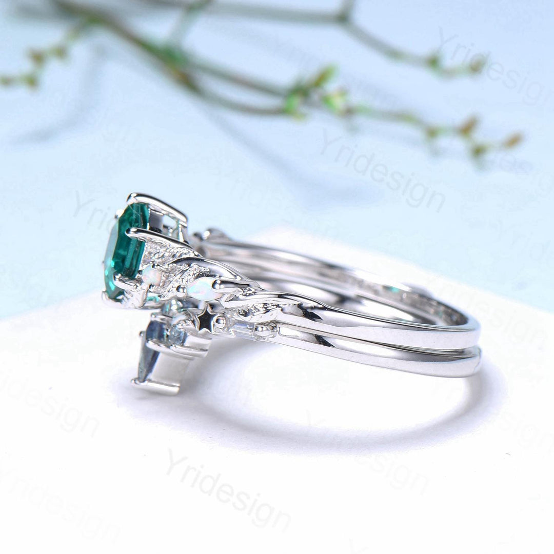 Unique emerald wedding ring set, Nature Inspired opal lab emerald engagement ring set, moon star alexandrite stacking band bridal set women - PENFINE