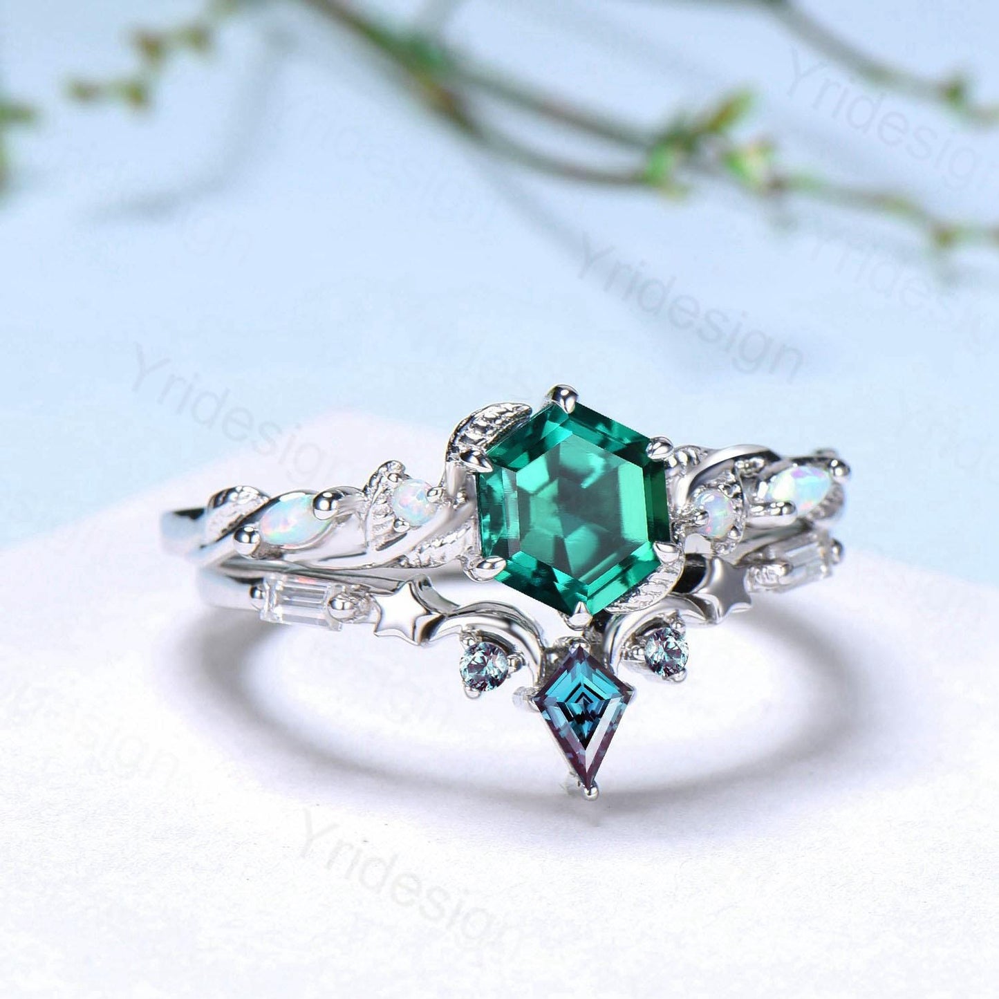 Unique emerald wedding ring set, Nature Inspired opal lab emerald engagement ring set, moon star alexandrite stacking band bridal set women - PENFINE