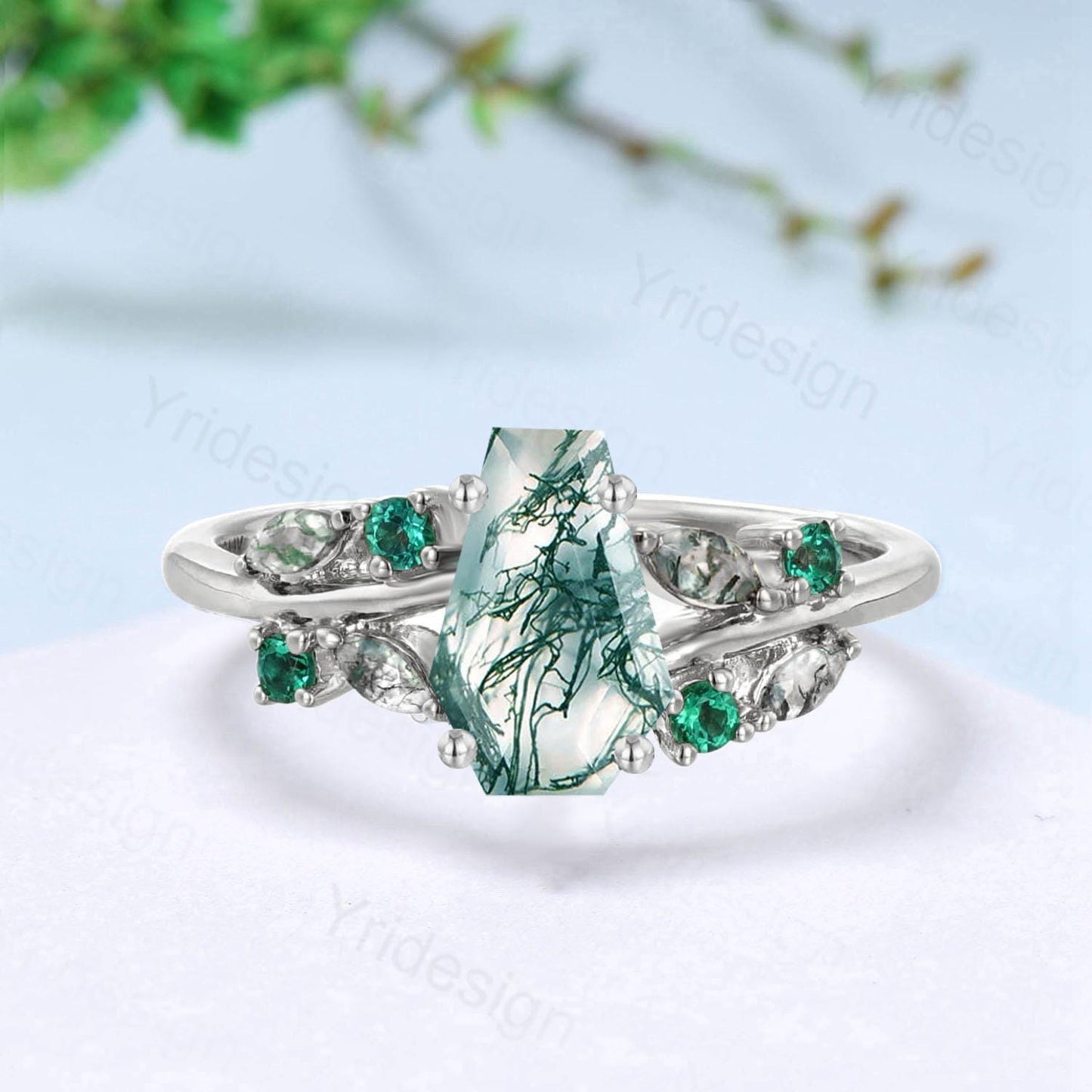 Unique Coffin Cut Moss Agate Ring Split Shank Engagement Ring Cluster Emerald Agate Wedding Ring MARRIED TILL BURIED Green Promise Ring Gift - PENFINE