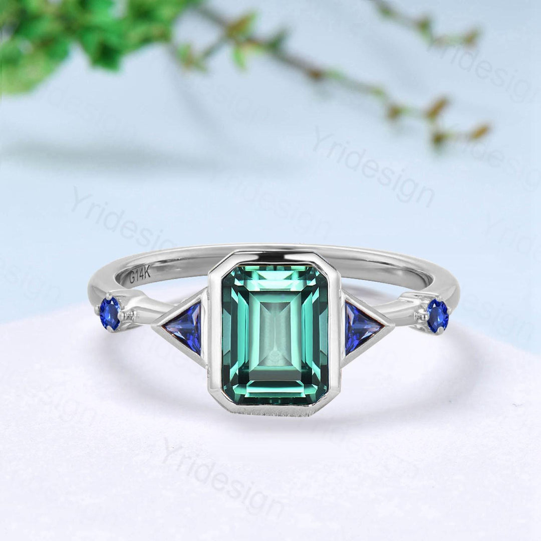 Unique Emerald Cut Green Sapphire Engagement Ring Bezel Set Trillion Blue Sapphire Five Stone Wedding Ring Anniversary Ring Gift for Women - PENFINE