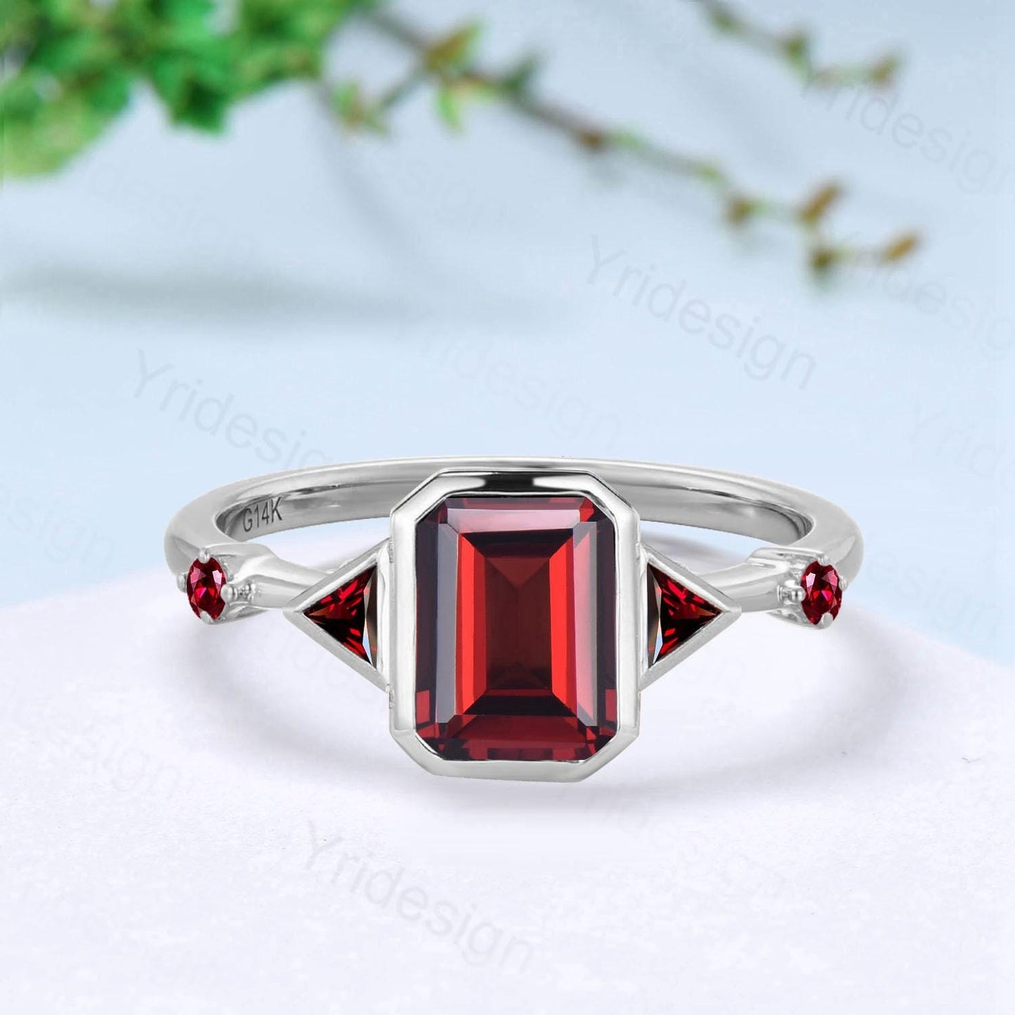 Unique Bezel Set Emerald Cut Garnet Engagement Ring Art Deco Trillion January Birthstone Wedding Ring Wedding Bridal Promise Gift for Women - PENFINE