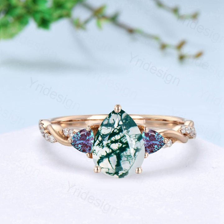 Unique pear shaped green moss agate engagement ring cluster trillion alexandrite wedding ring art deco twist infinity band anniversary ring - PENFINE