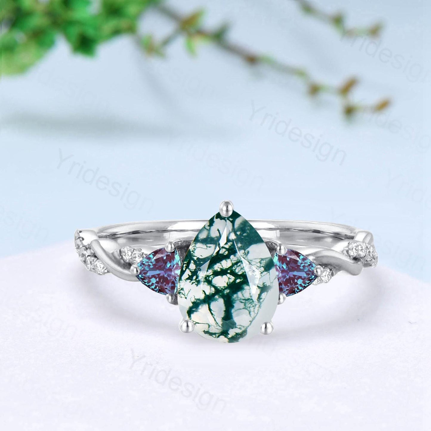 Unique pear shaped green moss agate engagement ring cluster trillion alexandrite wedding ring art deco twist infinity band anniversary ring - PENFINE