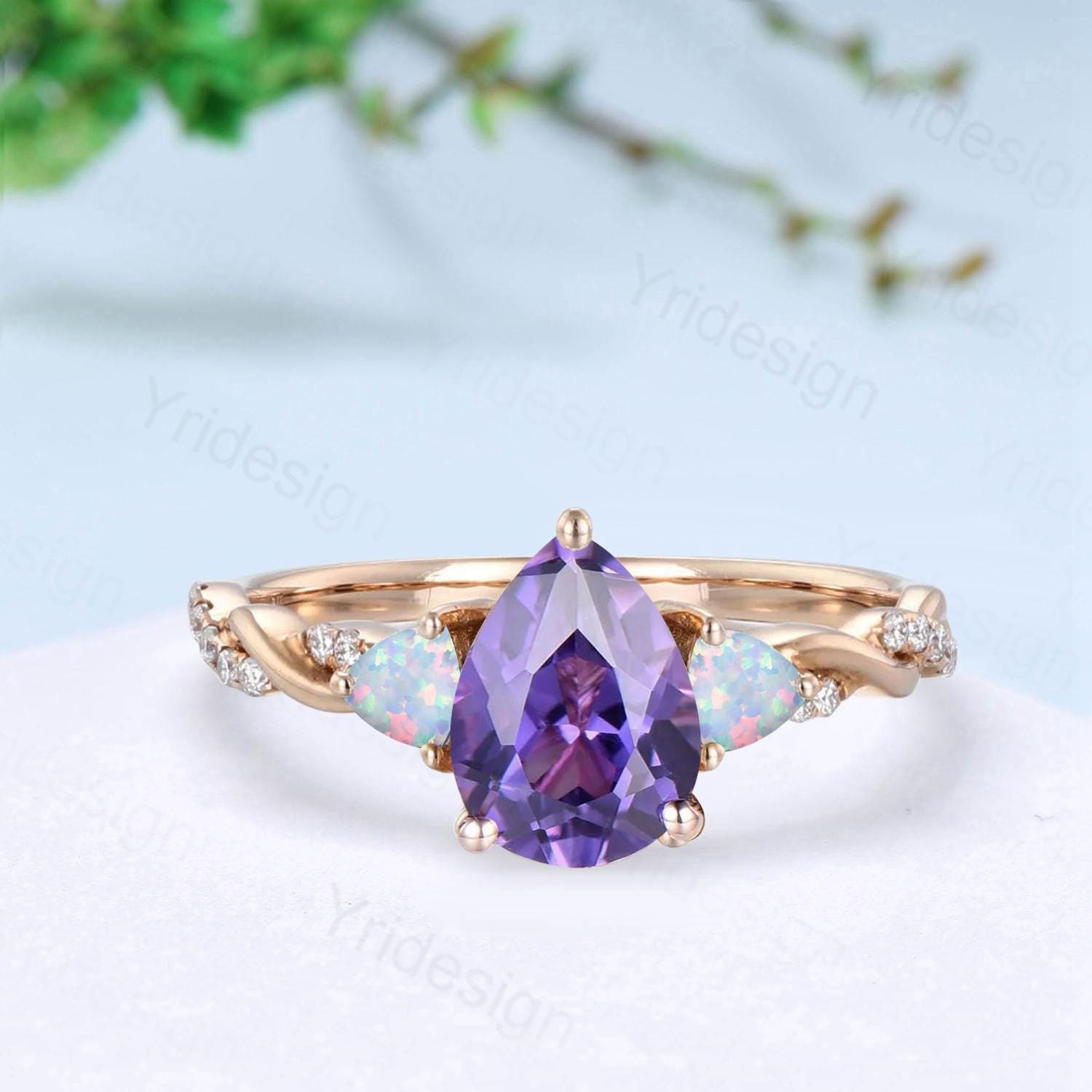 Unique pear shaped purple amethyst engagement ring cluster trillion white opal wedding ring art deco twist infinity band anniversary gift - PENFINE