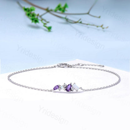 Dainty Pear Shaped Amethyst Bracelet Multi-Stone Baguette Opal Moissanite Lobster Claw Bracelet Silver White Gold Art Deco Anniversary Gift - PENFINE