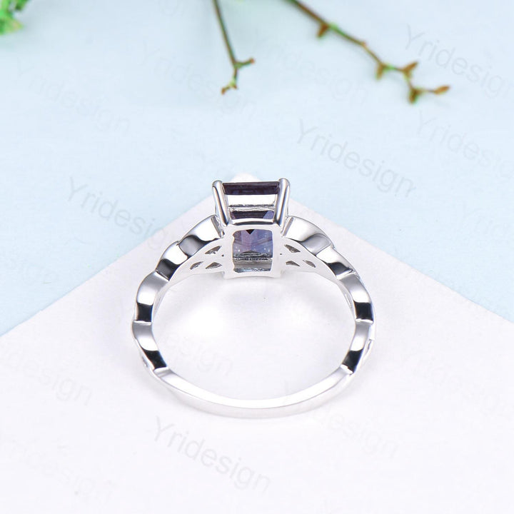 Unique Emerald Cut Alexandrite Ring Celtic Love Knot Alexandrite Engagement Ring Silver White gold Norse Viking Color Changing Wedding Gift - PENFINE