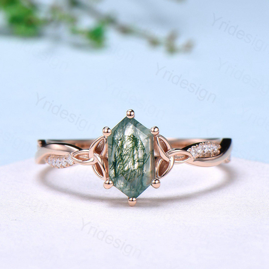 Rose Gold Norse Viking long hexagon moss agate engagement ring 3/4 eternity twisted infinity moissanite/diamond band wedding ring for women - PENFINE