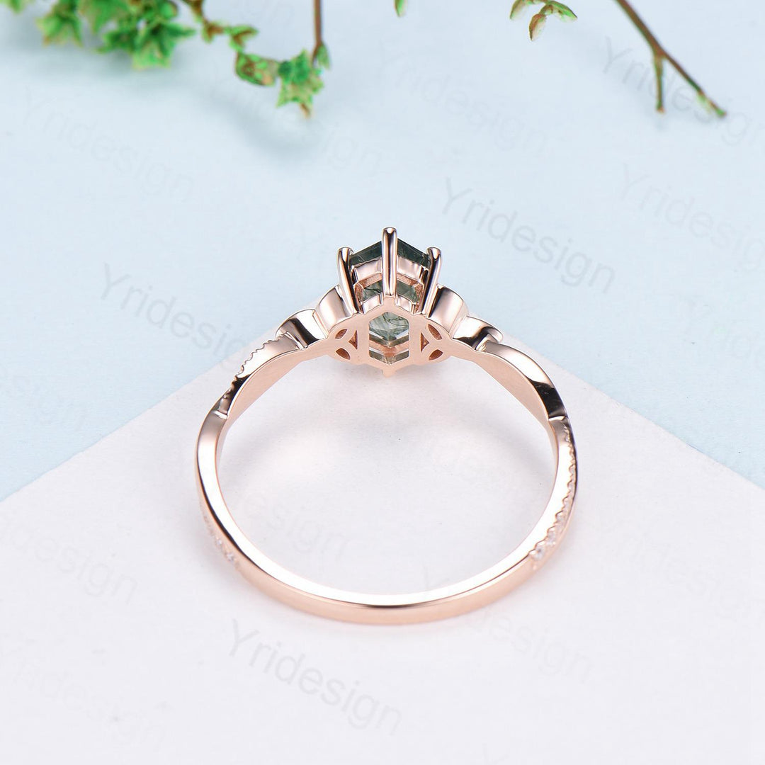 Rose Gold Norse Viking long hexagon moss agate engagement ring 3/4 eternity twisted infinity moissanite/diamond band wedding ring for women - PENFINE