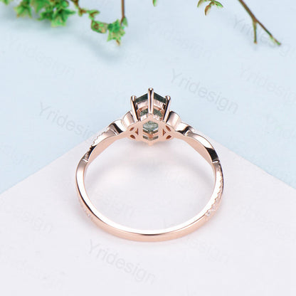 Rose Gold Norse Viking long hexagon moss agate engagement ring 3/4 eternity twisted infinity moissanite/diamond band wedding ring for women - PENFINE