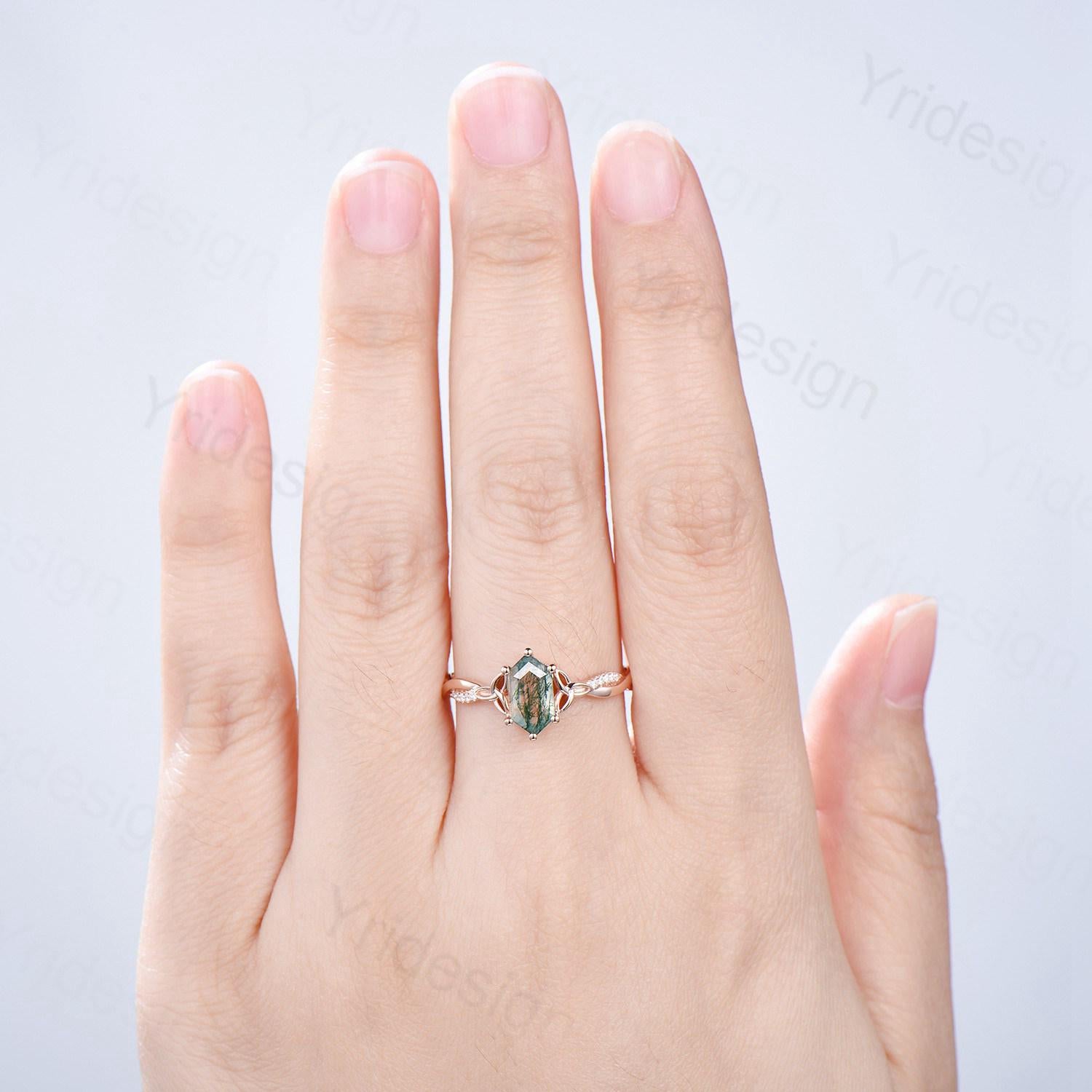 Rose Gold Norse Viking long hexagon moss agate engagement ring 3/4 eternity twisted infinity moissanite/diamond band wedding ring for women - PENFINE