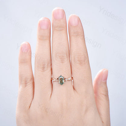 Rose Gold Norse Viking long hexagon moss agate engagement ring 3/4 eternity twisted infinity moissanite/diamond band wedding ring for women - PENFINE