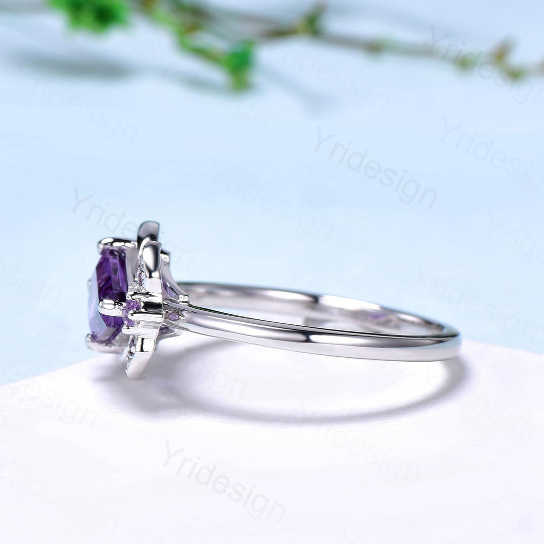 Unique Coffin Shape Amethyst Ring Marquise Purple Crystal Shield Shape Gothic Engagement Ring Vintage Handmade Bat Proposal Gifts for Women - PENFINE