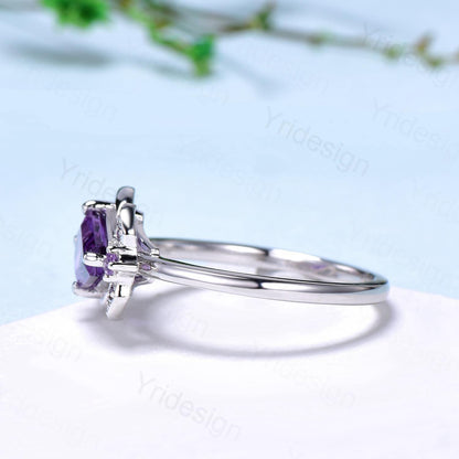 Unique Coffin Shape Amethyst Ring Marquise Purple Crystal Shield Shape Gothic Engagement Ring Vintage Handmade Bat Proposal Gifts for Women - PENFINE