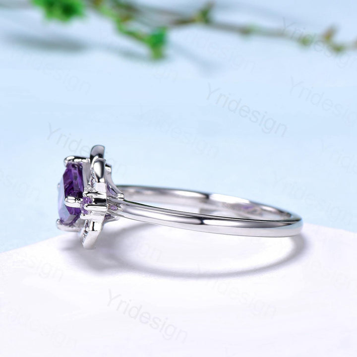 Unique Coffin Shape Amethyst Ring Marquise Purple Crystal Shield Shape Gothic Engagement Ring Vintage Handmade Bat Proposal Gifts for Women - PENFINE
