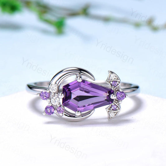 Unique Coffin Shape Amethyst Ring Marquise Purple Crystal Shield Shape Gothic Engagement Ring Vintage Handmade Bat Proposal Gifts for Women - PENFINE