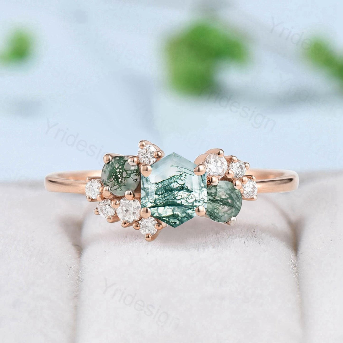 Hexagon Cut Green Moss Agate Engagement Ring Silver Rose Gold 14K/18K Unique Cluster Agate Moissanite Wedding Bridal Ring Anniversary Gifts - PENFINE