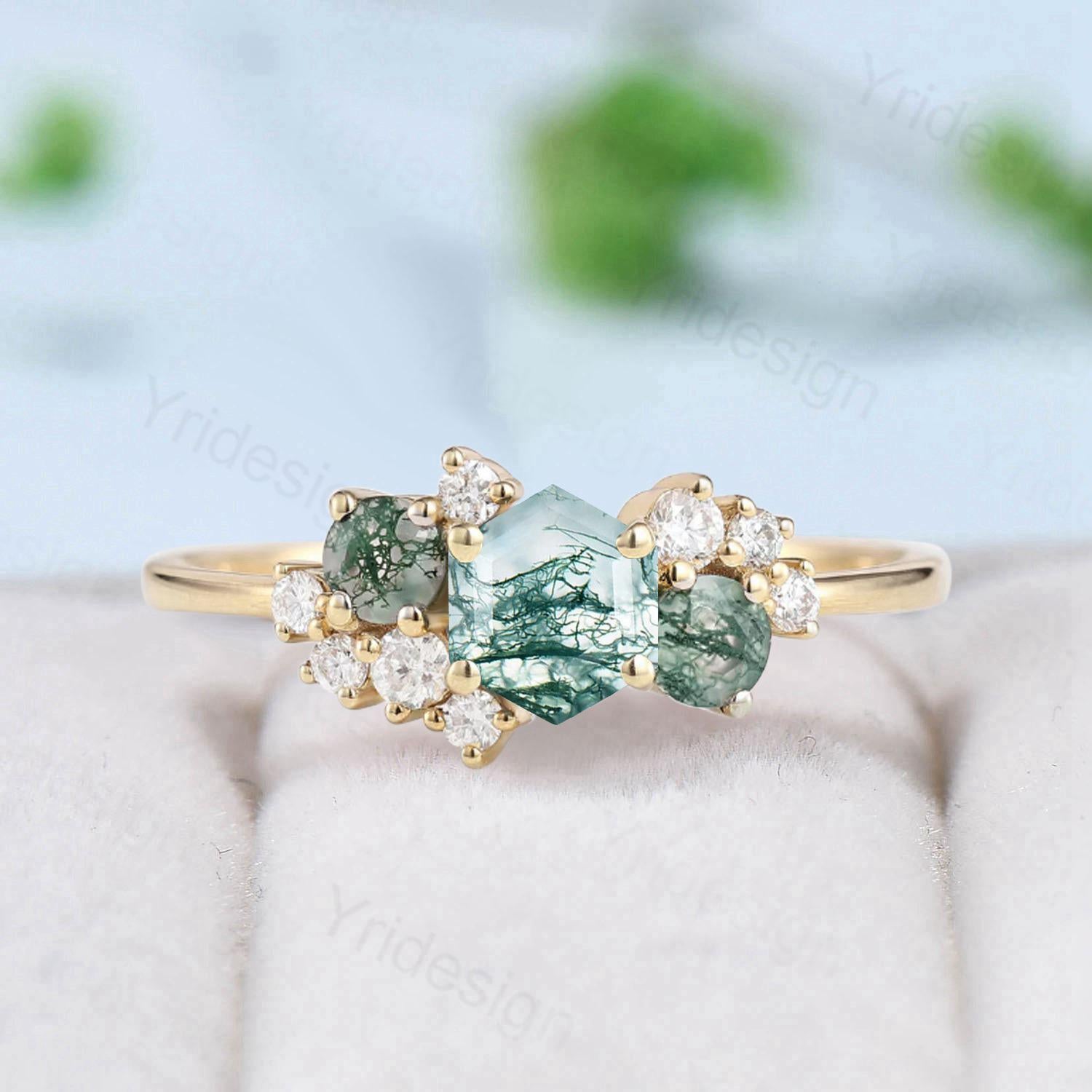 Hexagon Cut Green Moss Agate Engagement Ring Silver Rose Gold 14K/18K Unique Cluster Agate Moissanite Wedding Bridal Ring Anniversary Gifts - PENFINE