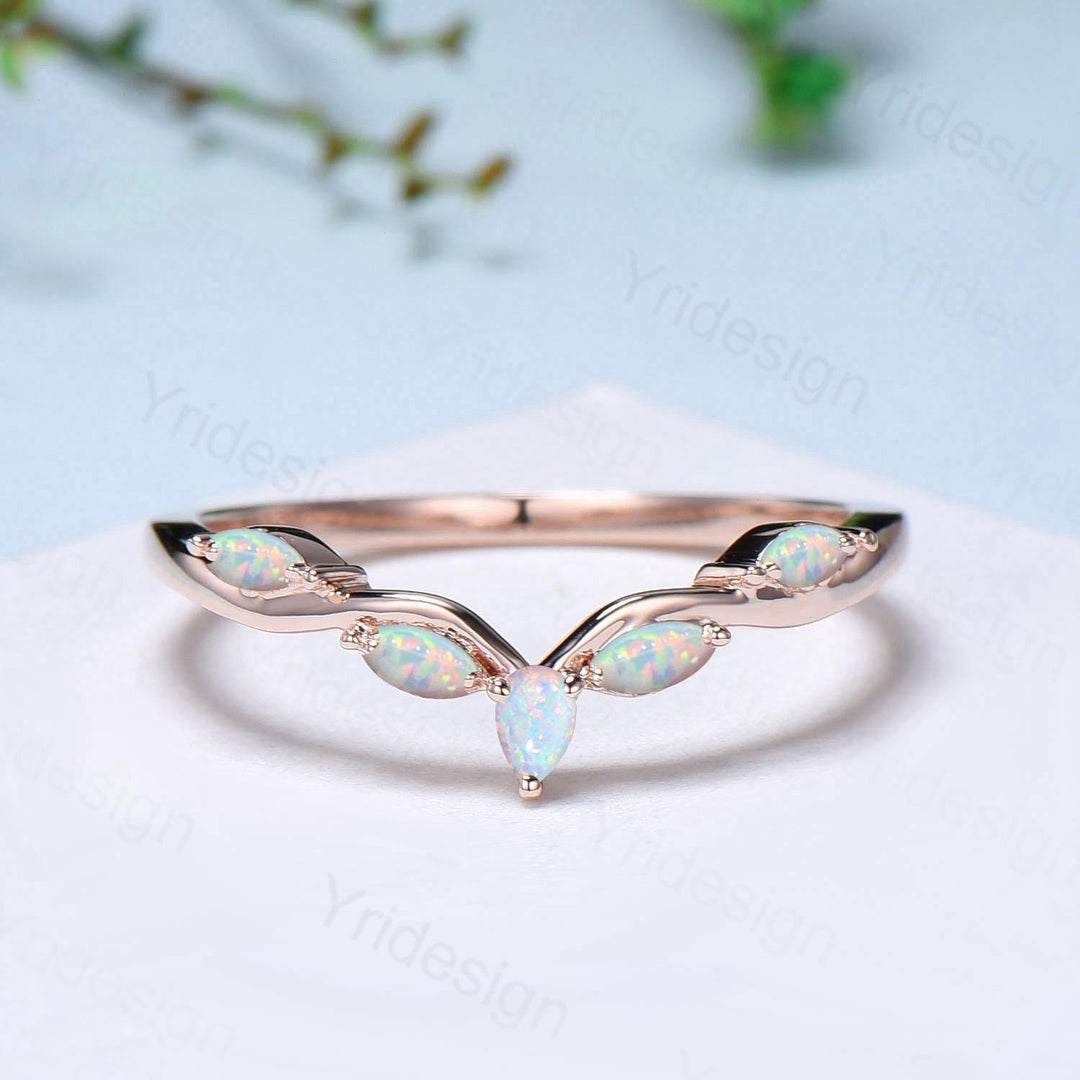 Pear Shaped And Marquise Opal Wedding Band 14K Rose Gold Snowdrift White Opal Stacking Wedding Ring October Birthstone Band Anniversary gift - PENFINE