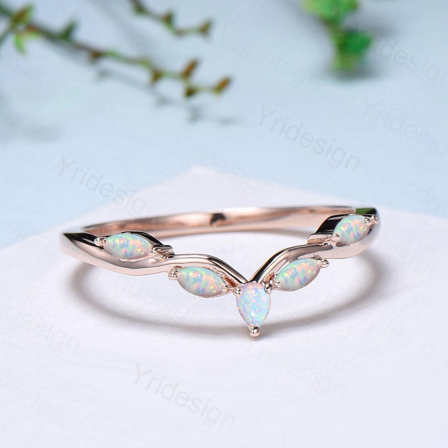 Pear Shaped And Marquise Opal Wedding Band 14K Rose Gold Snowdrift White Opal Stacking Wedding Ring October Birthstone Band Anniversary gift - PENFINE