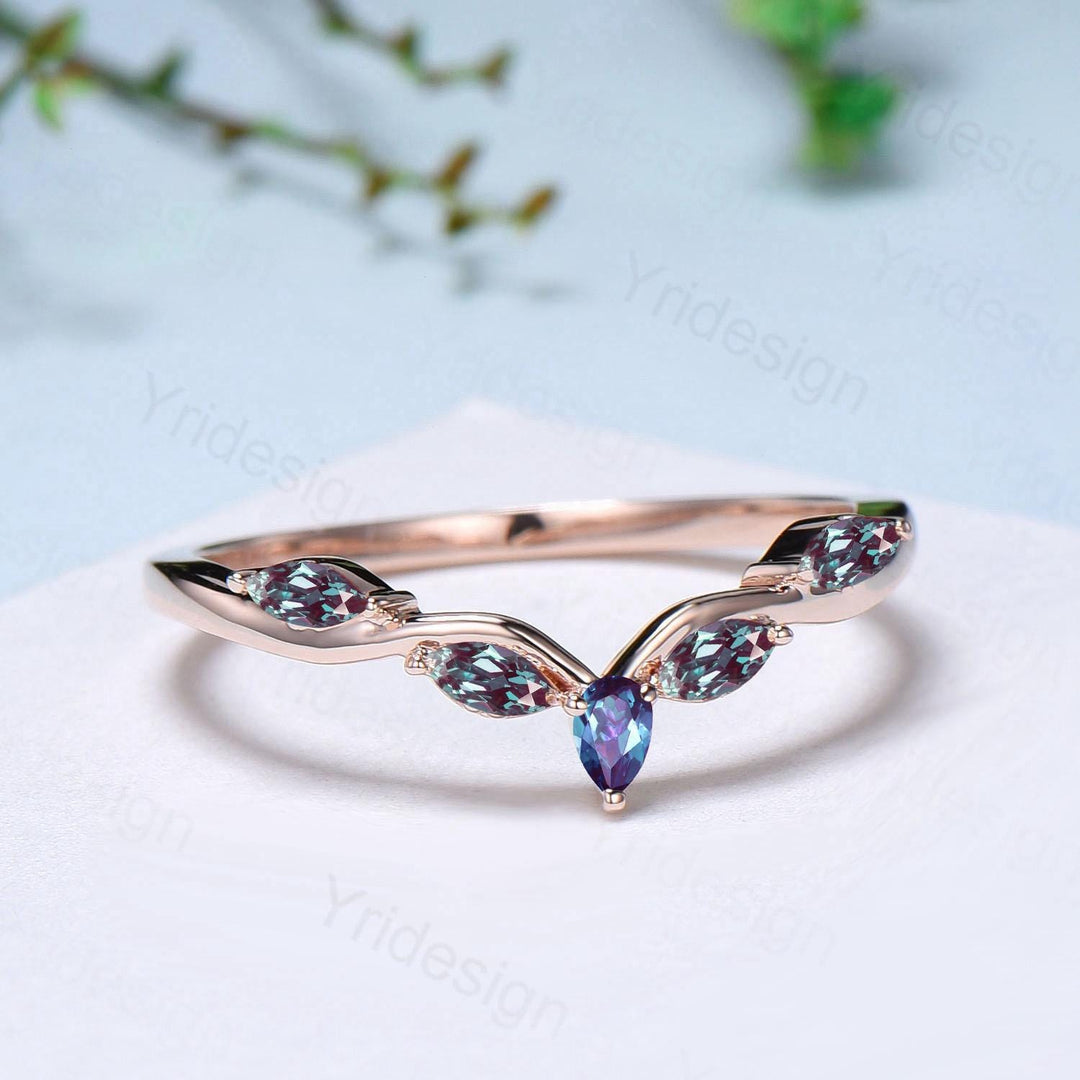 Pear Shaped And Marquise Alexandrite Wedding Band 14K Rose Gold Snowdrift Color cahnge Stone Stacking Matching Wedding Ring Anniversary gift - PENFINE