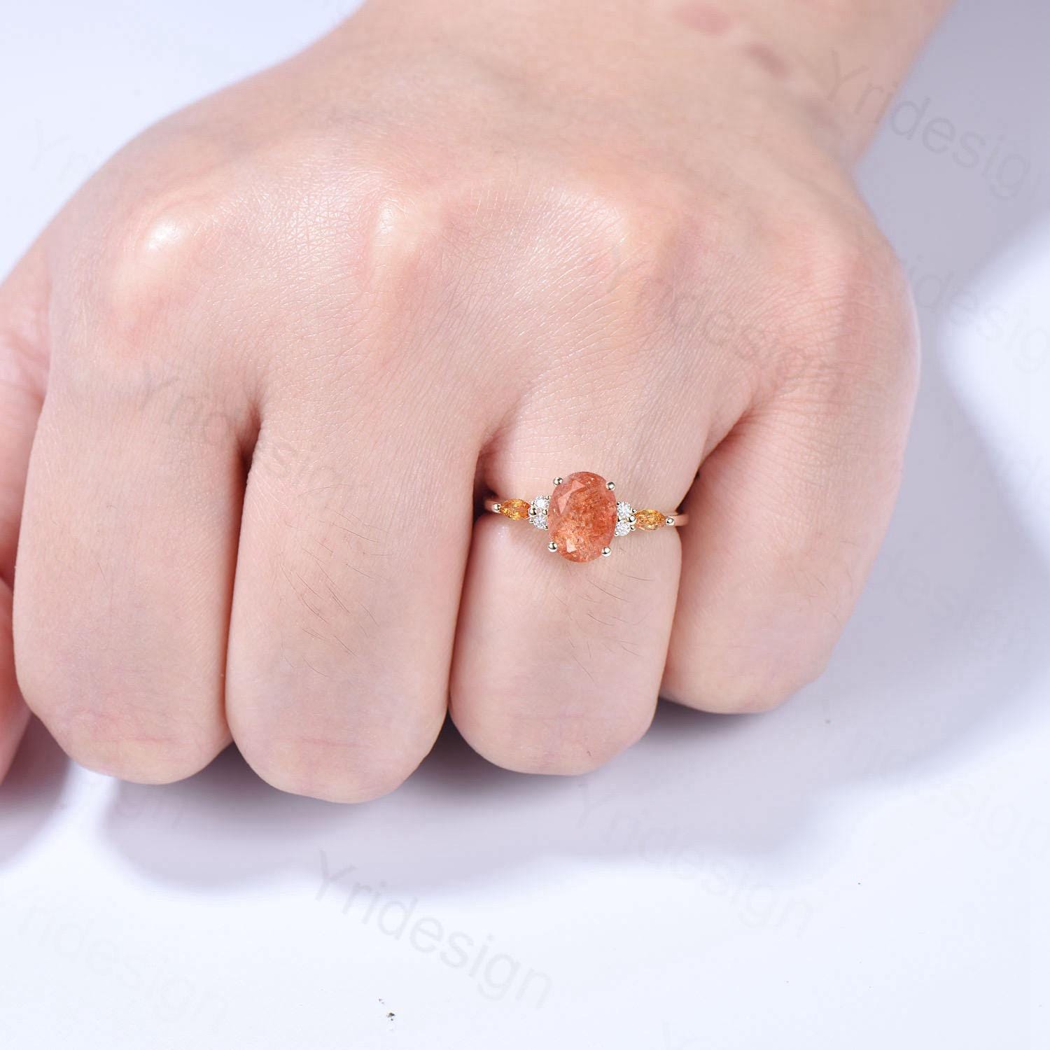 Vintage Oval Cut Sunstone engagement ring 14K Yellow Gold Marquise Citrine Moissanite Wedding Ring Promise Ring Anniversary Gift For Women - PENFINE