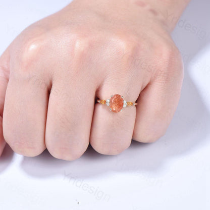 Vintage Oval Cut Sunstone engagement ring 14K Yellow Gold Marquise Citrine Moissanite Wedding Ring Promise Ring Anniversary Gift For Women - PENFINE