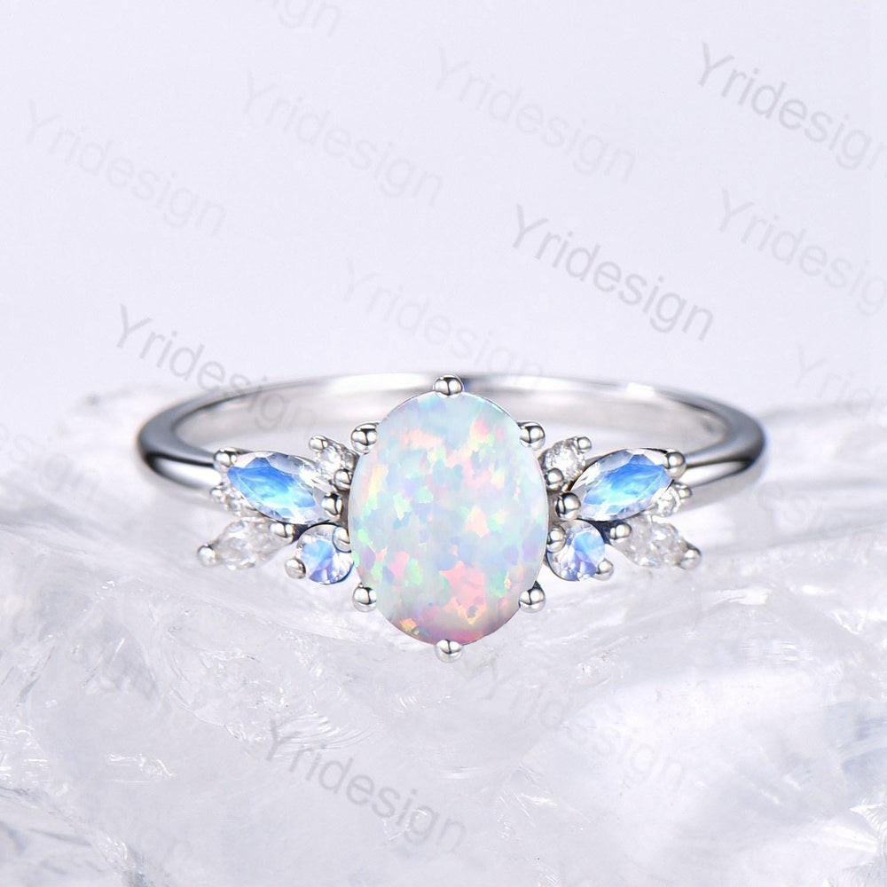 Unique White Opal Engagement Ring Set, 14k White Gold Moonstone Opal Birthstone Wedding Set, Leaf Amethyst Promise Stacking Band Bridal Set - PENFINE