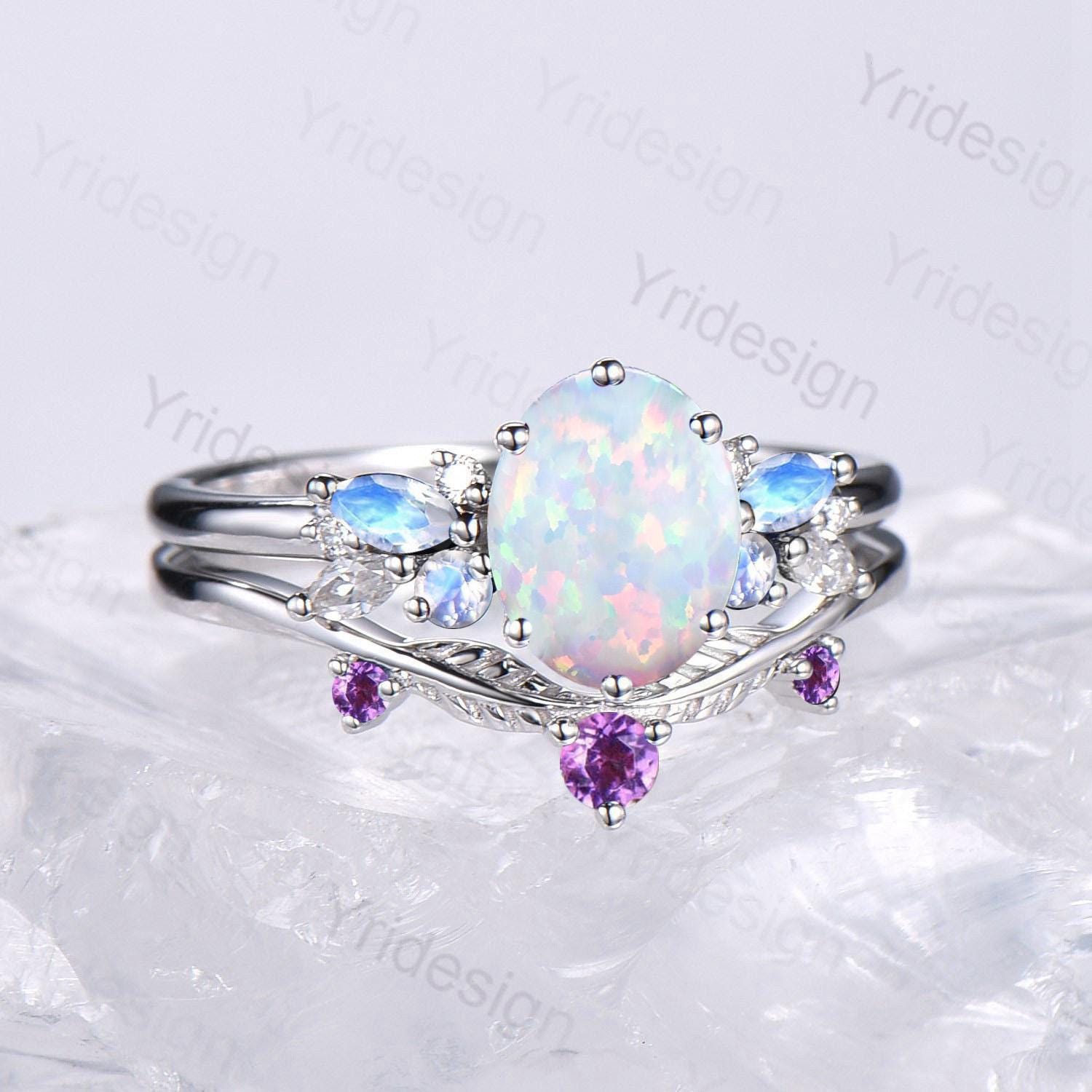 Unique White Opal Engagement Ring Set, 14k White Gold Moonstone Opal Birthstone Wedding Set, Leaf Amethyst Promise Stacking Band Bridal Set - PENFINE