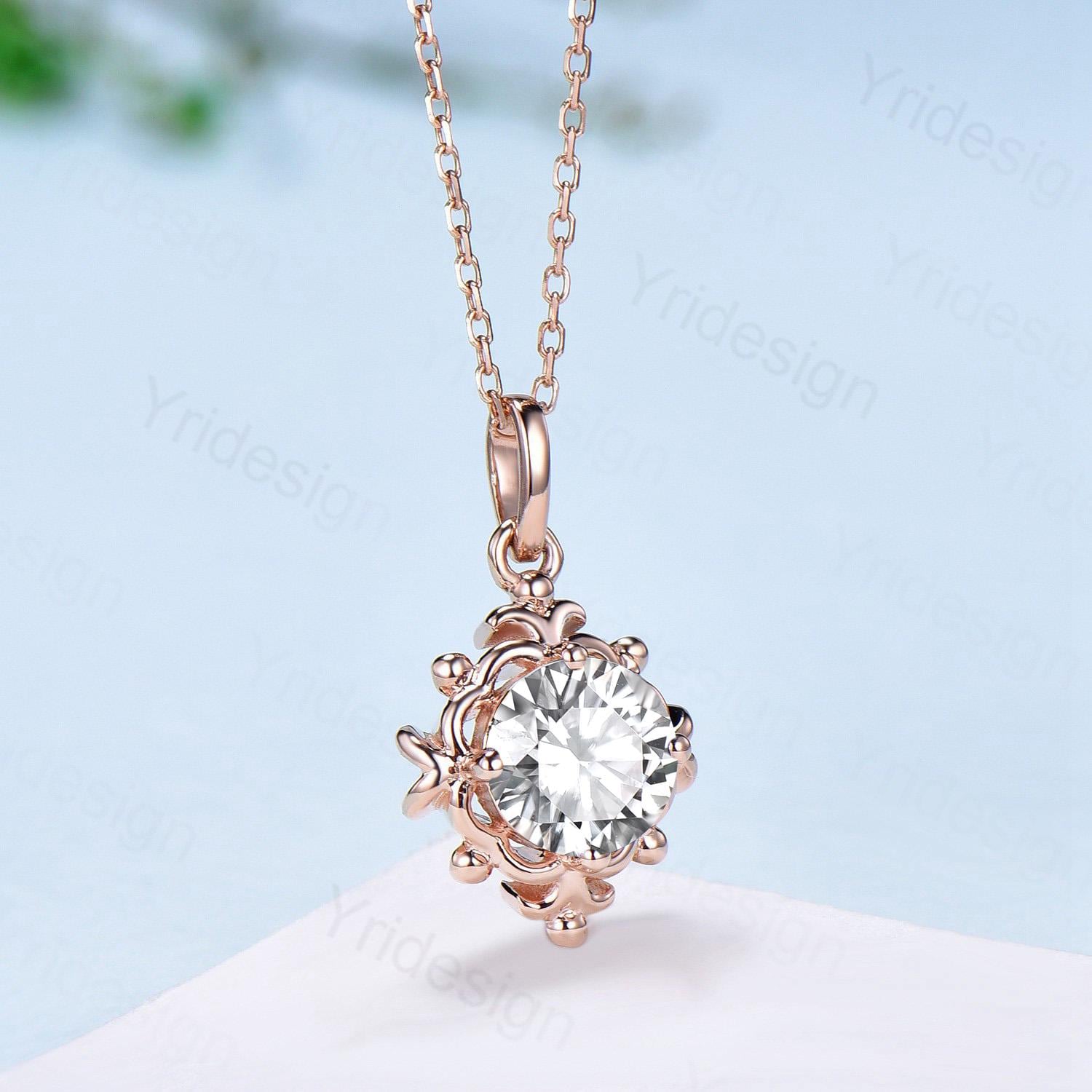 Unique Moissanite Pendant Necklace Magic Crescent Moon Round Lab Grown Diamond Necklace Floral Retro Vintage Pendant Anniversary gift women - PENFINE