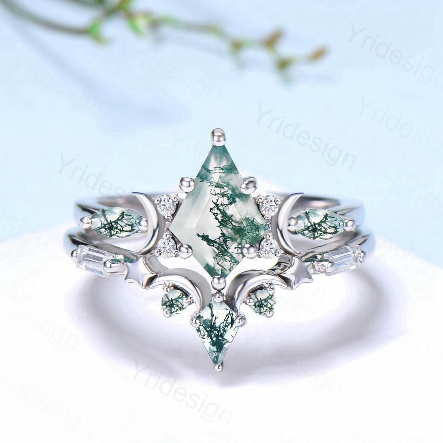 Yellow gold kite cut nature moss agate ring set Unique crescent moon star agate engagement ring Handmade anniversary gift Wedding bridal set - PENFINE