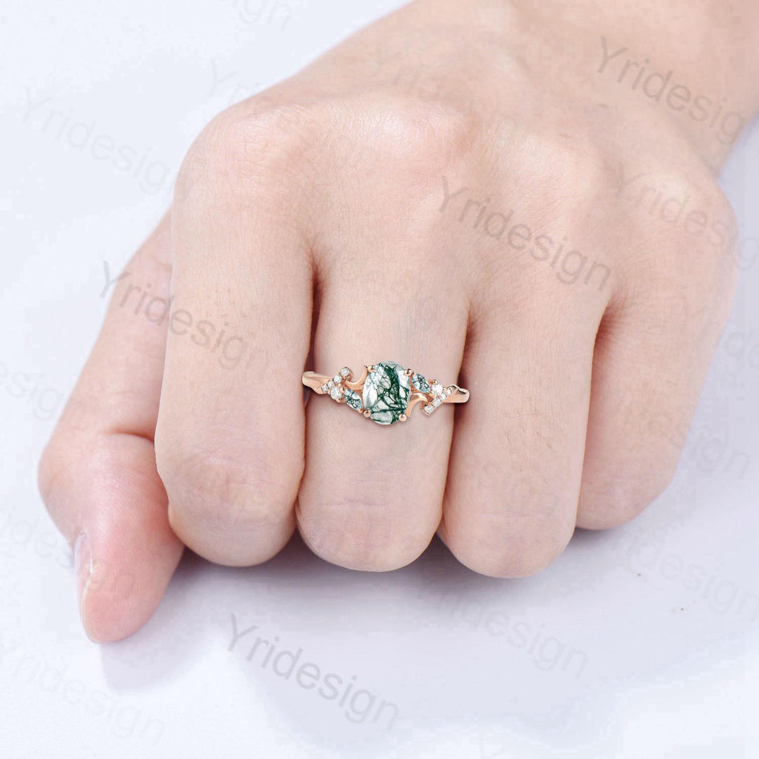 Unique oval cut moon ring, natural green moss agate engagement ring, cluster moissanite wedding ring, perfect moon anniversary promise gift - PENFINE