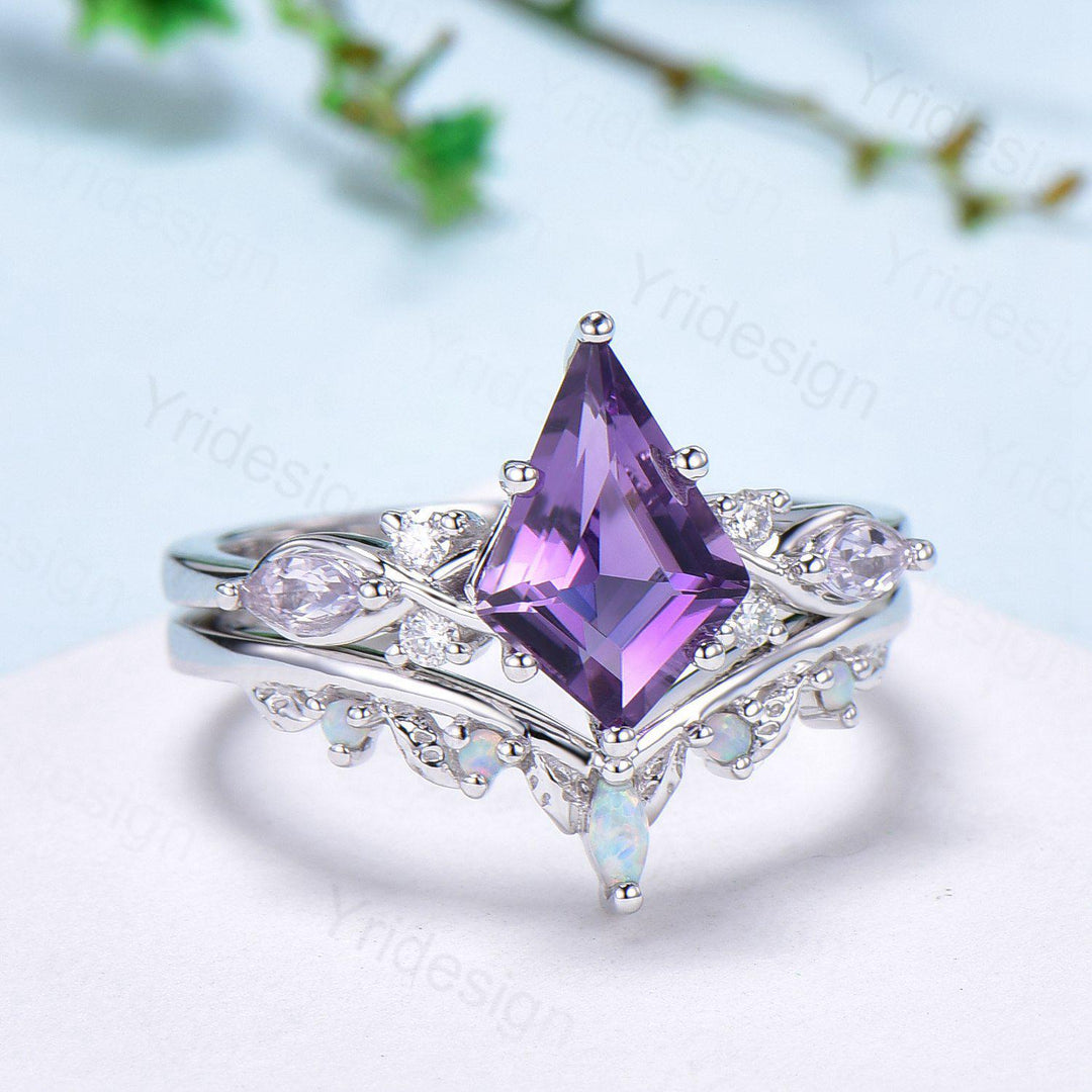 1.5CT Kite Cut Amethyst Ring Set/Engagement Ring Set Women/Marquise Lavender Amethyst Wedding Set/ Opal Leaf Stacking Band/Birthstone Ring - PENFINE