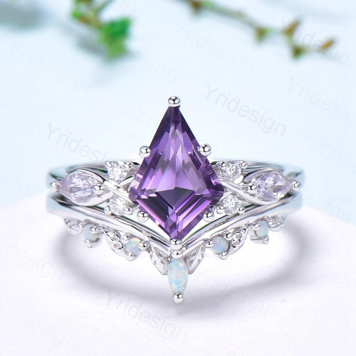 1.5CT Kite Cut Amethyst Ring Set/Engagement Ring Set Women/Marquise Lavender Amethyst Wedding Set/ Opal Leaf Stacking Band/Birthstone Ring - PENFINE