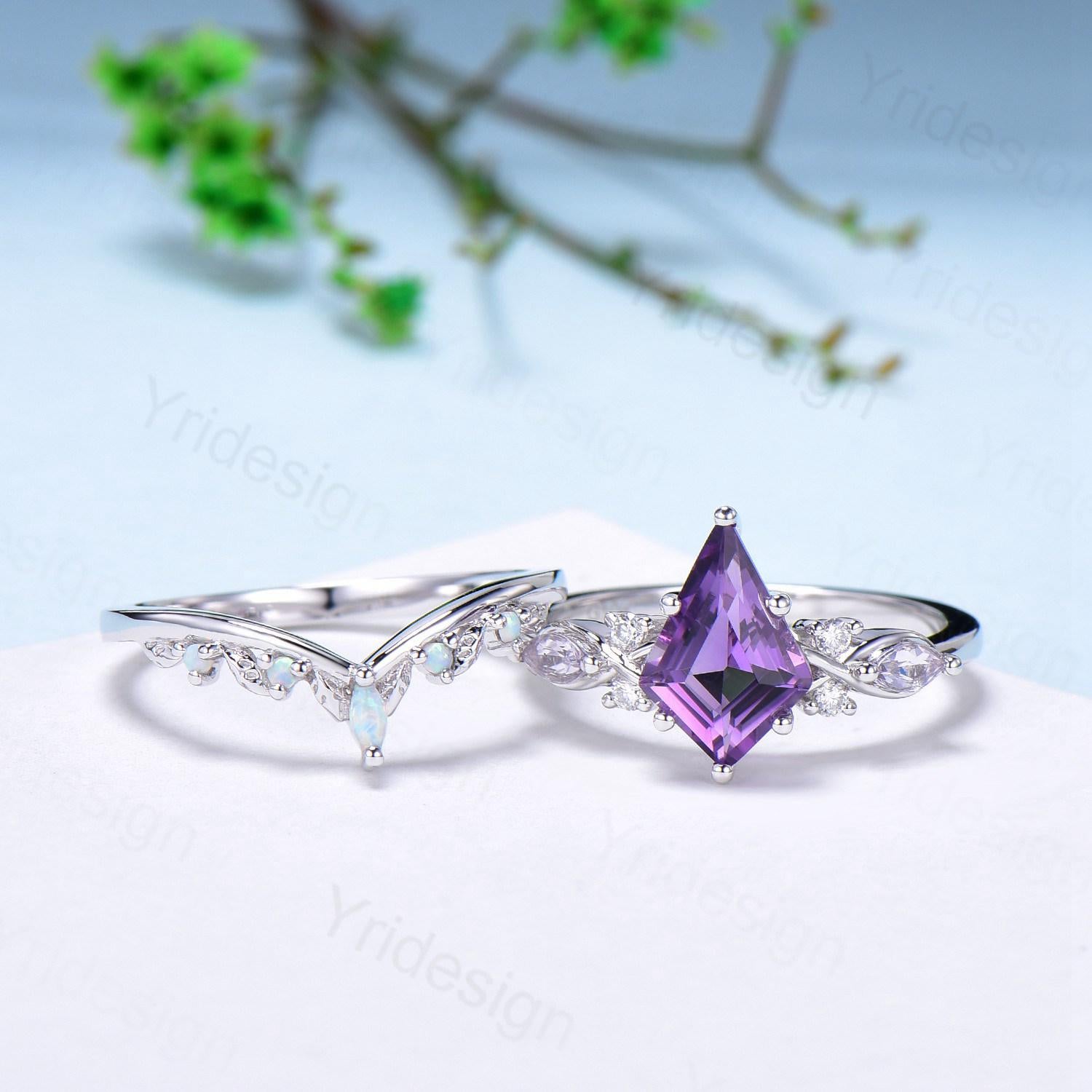 1.5CT Kite Cut Amethyst Ring Set/Engagement Ring Set Women/Marquise Lavender Amethyst Wedding Set/ Opal Leaf Stacking Band/Birthstone Ring - PENFINE