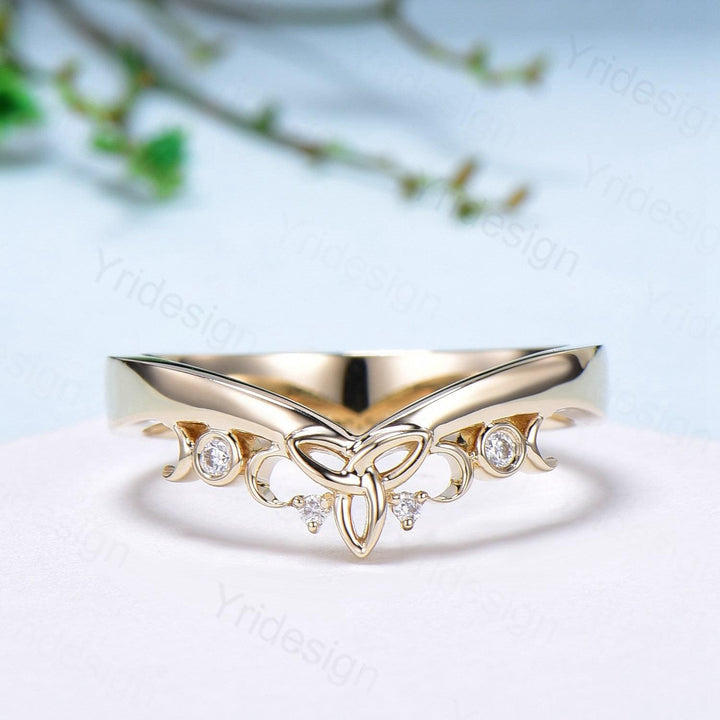 3.5mm Celtic Knot Norse Viking diamond wedding band women 14k yellow gold curved wedding band unique Matching stacking band anniversary ring - PENFINE