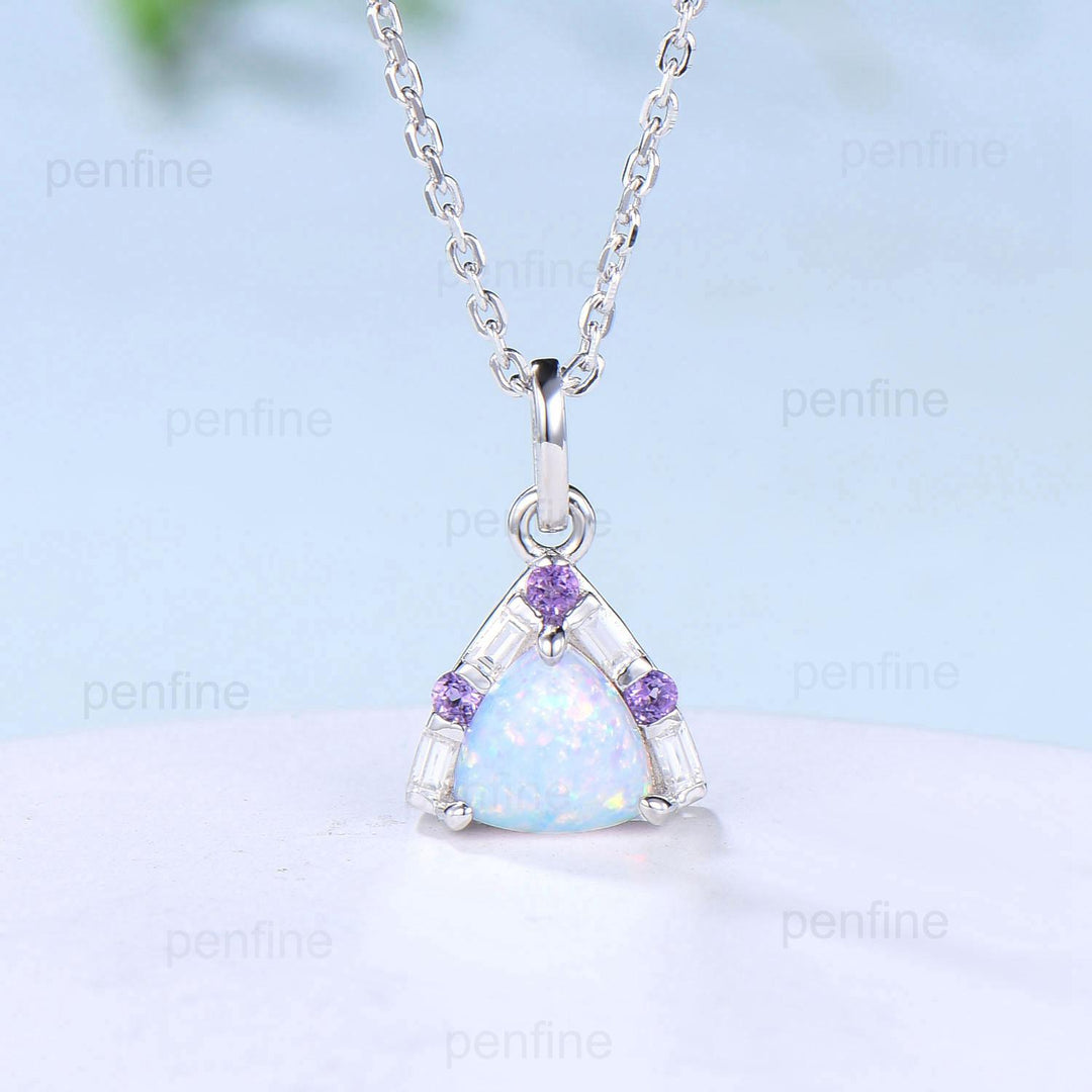 Trilliant Opal Amethyst pendant necklace vintage baguette moissanite pendant silver white  gold fire opal necklace Engagement Gift For Women - PENFINE