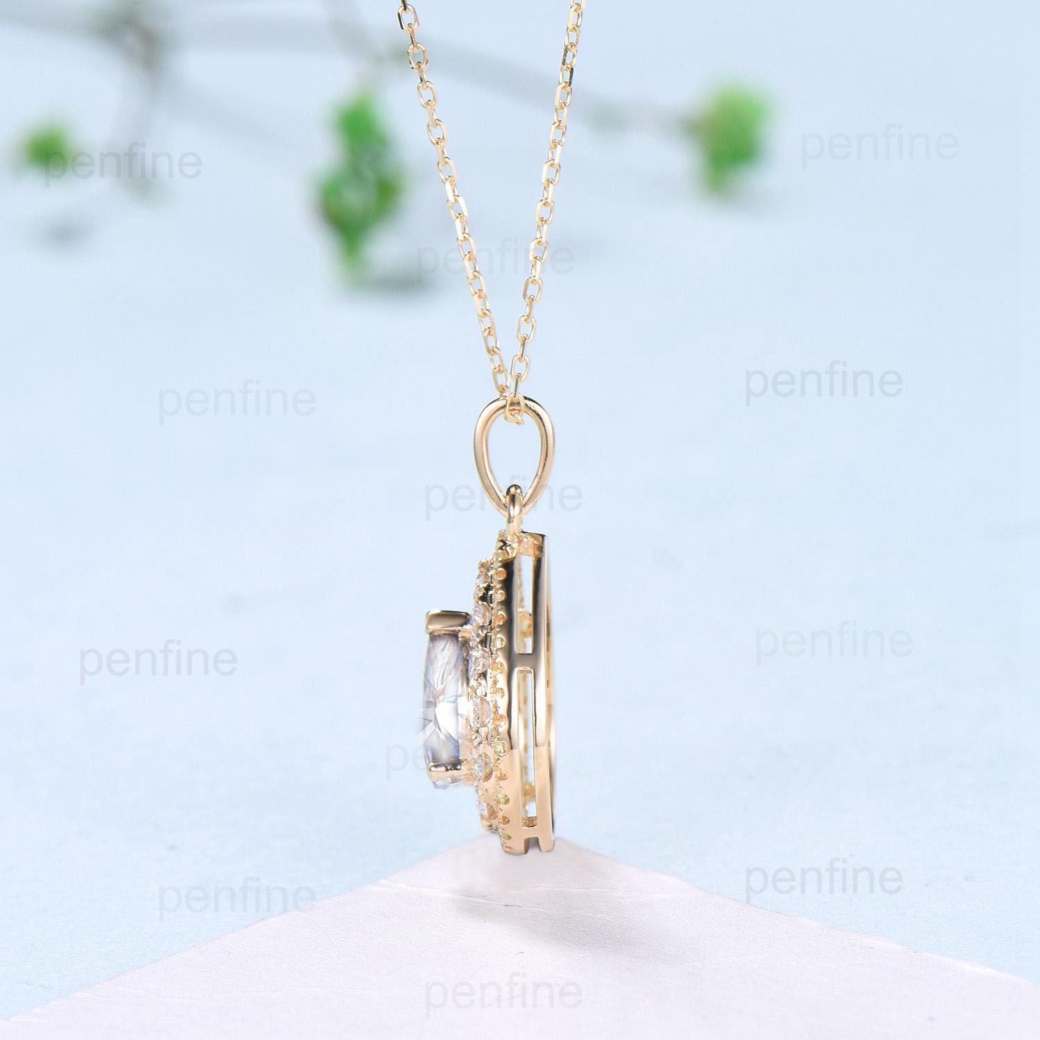 Double Halo pear shaped moissanite necklace vintage alternative lab grown diamond pendant 18k yellow gold necklace engagement gift for Women - PENFINE