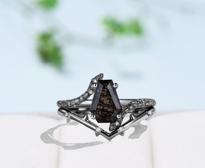 Unique Snake Black Gold engagement ring set cold-blooded coffin shaped black rutilated quartz wedding set for women anniversary promise gift - PENFINE