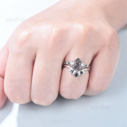 Long Hexagon cut black rutilated quartz engagement ring set five stone rose gold moon spinel wedding ring set for women anniversary gift her - PENFINE