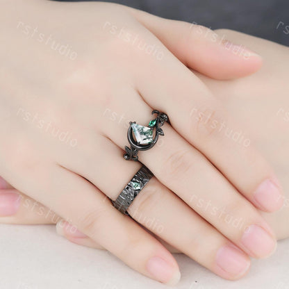 Moss Agate Kite Ring Set: Black Silver Couples Wedding Bands