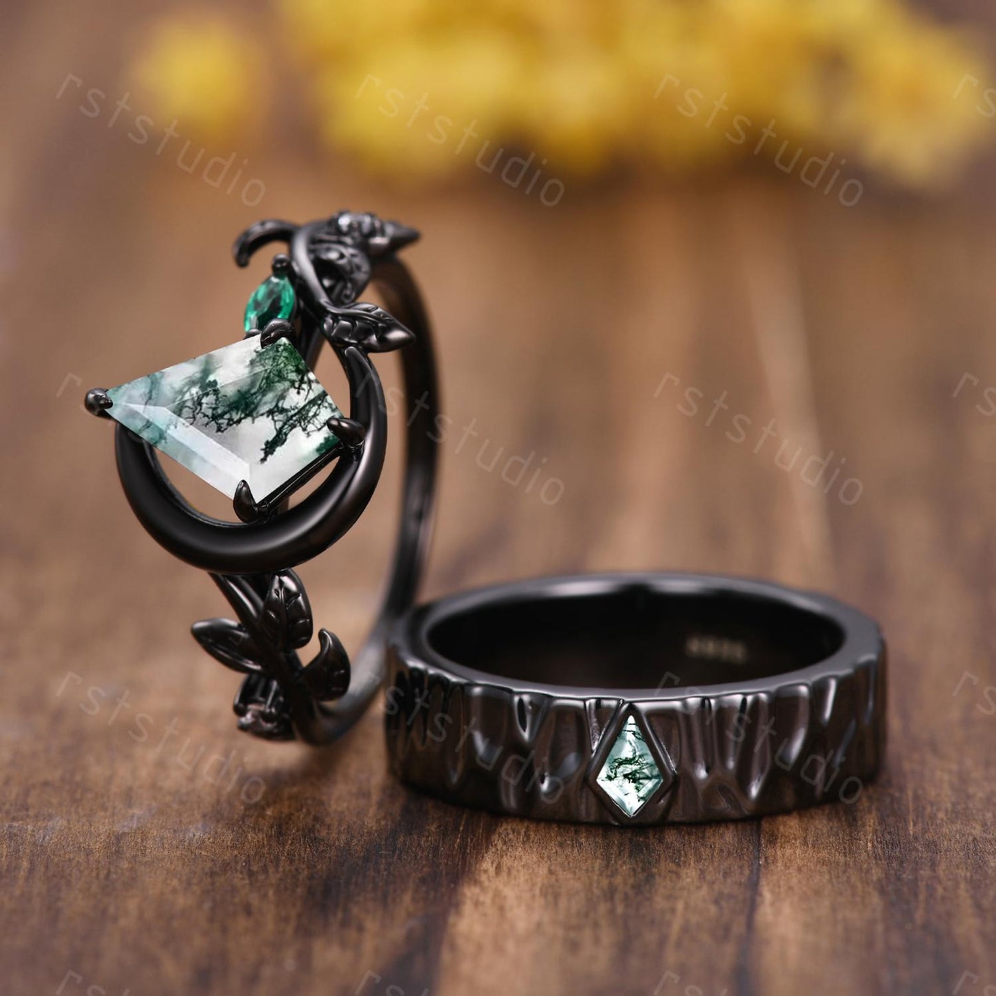 Moss Agate Kite Ring Set: Black Silver Couples Wedding Bands