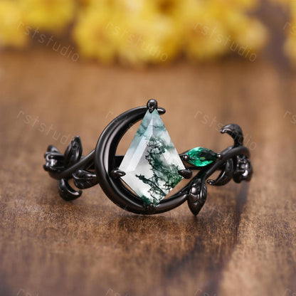 Moss Agate Kite Ring Set: Black Silver Couples Wedding Bands
