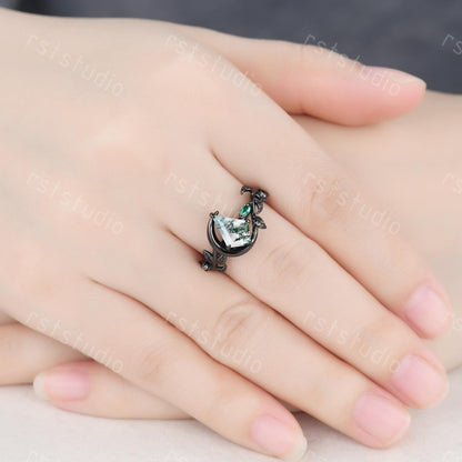 Moss Agate Kite Ring Set: Black Silver Couples Wedding Bands