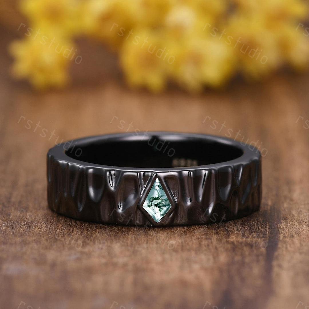 Moss Agate Kite Ring Set: Black Silver Couples Wedding Bands