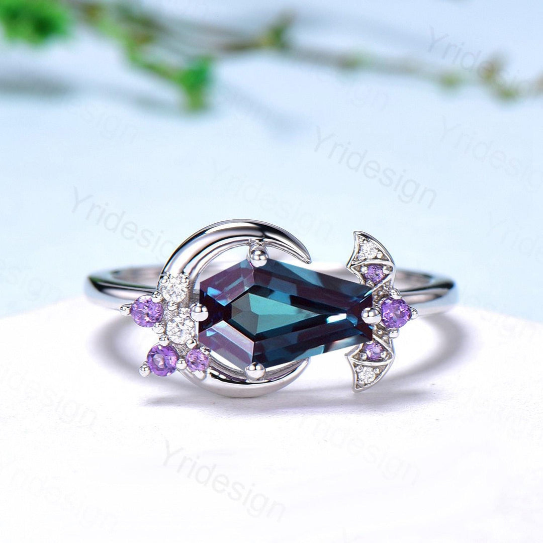 Unique Coffin Shape Alexandrite Ring Shield Shape Gothic Bat Color Change Engagement Ring Vintage Handmade Anniversary Proposal Gifts Women - PENFINE